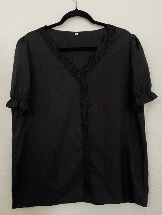 Tops - Black Textured V-Neck Lace Trim Ruffle Sleeve BlouseBlack Textured V-Neck Lace T